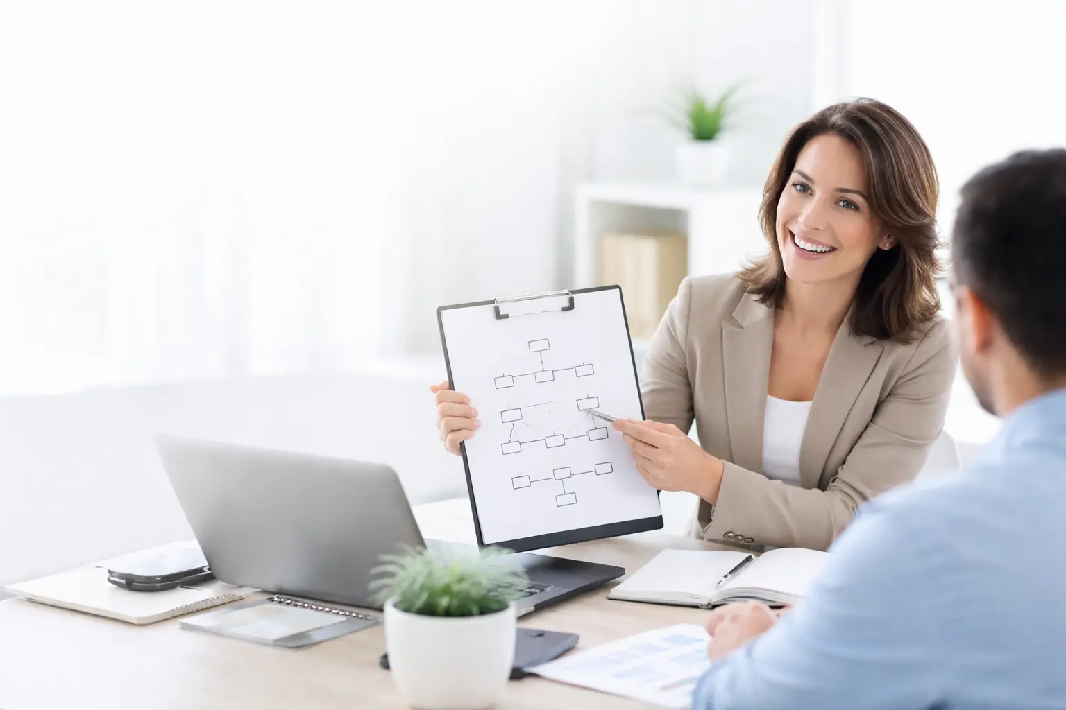 Business consultant explaining a structured workflow to a client in a professional setting