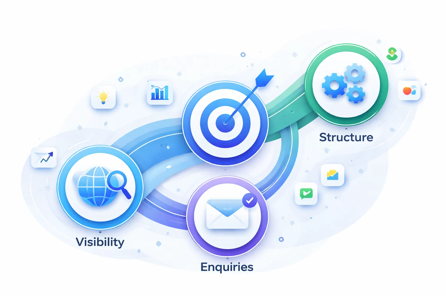 Business growth system showing stages of visibility, enquiries, and structured processes working together