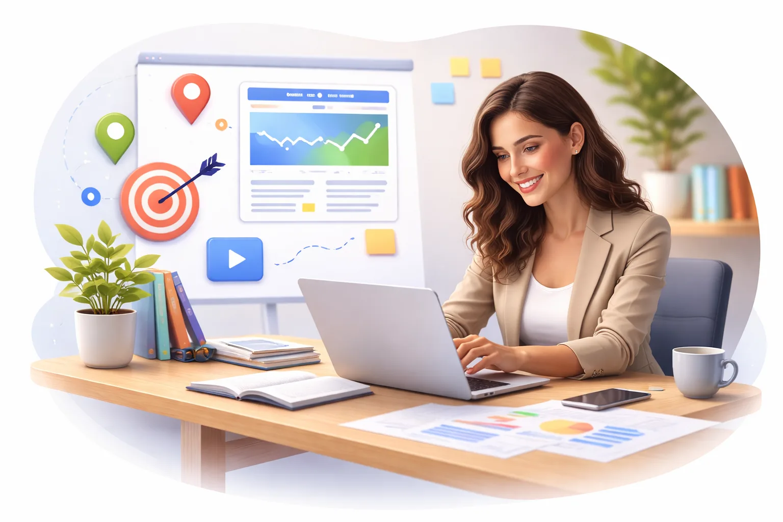 Business owner setting up website and digital foundation with analytics and online tools