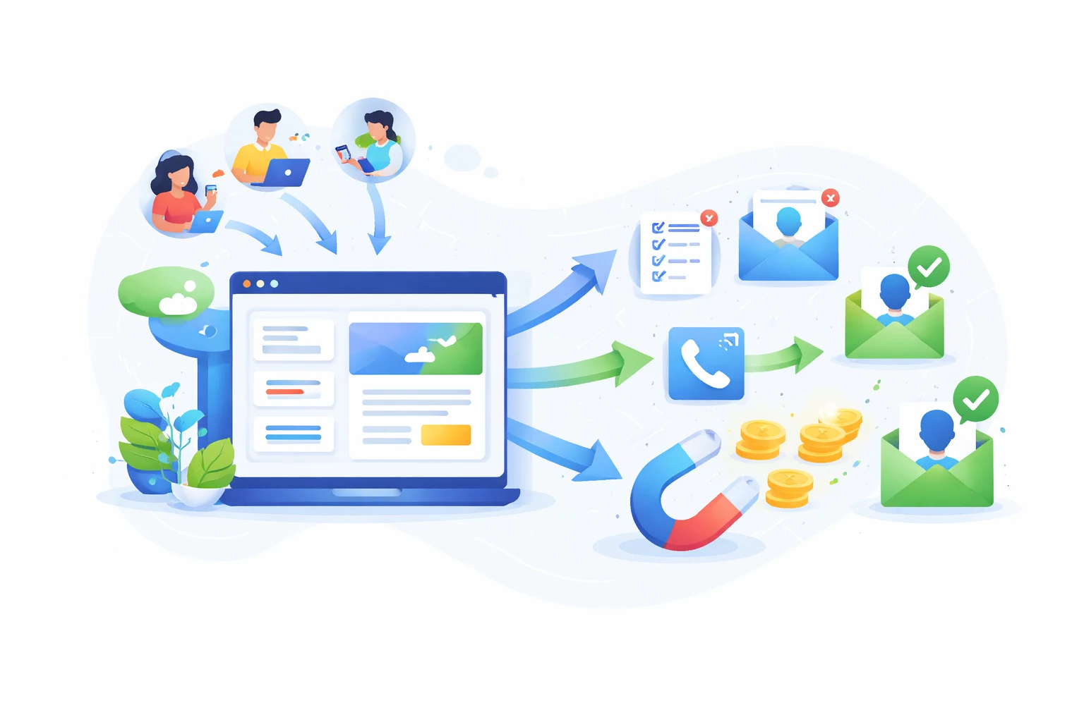 Lead generation system showing website, analytics, and marketing tools working together to generate enquiries