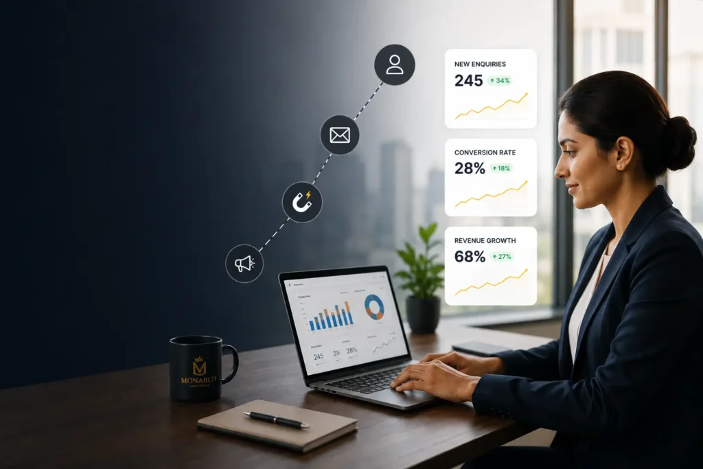 Business owner reviewing digital marketing results dashboard showing new enquiries, conversion rate and revenue growth – Monarch Infotech Stage 2