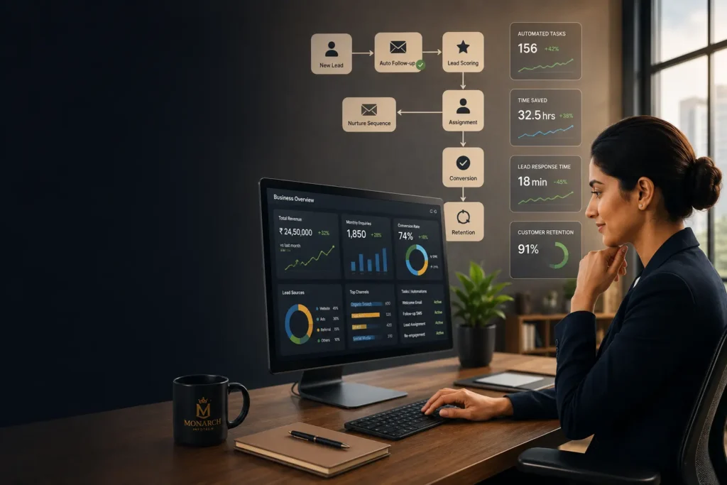 Business owner reviewing CRM dashboard and business automation system to manage leads and scale operations – Monarch Infotech Stage 3