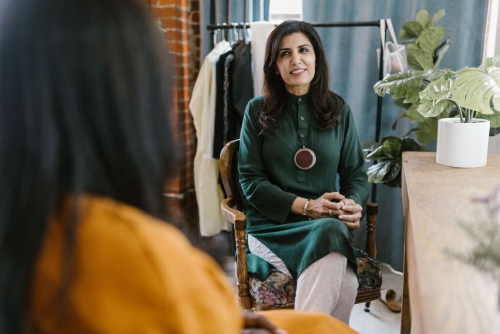 A business owner in conversation during a free website consultation
